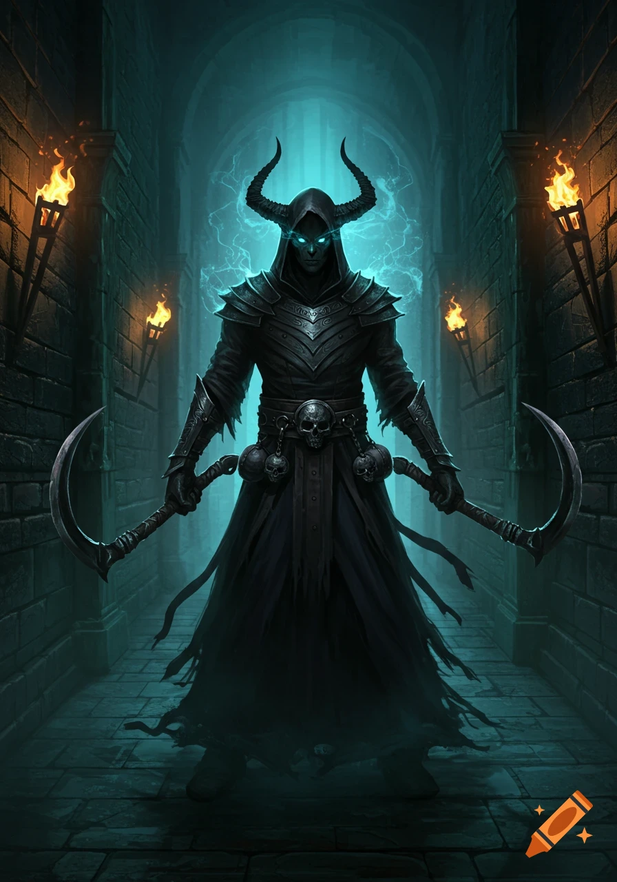 A dark horned warlock in armored robes with glowing eyes stands in a dungeon, holding dual sickles.