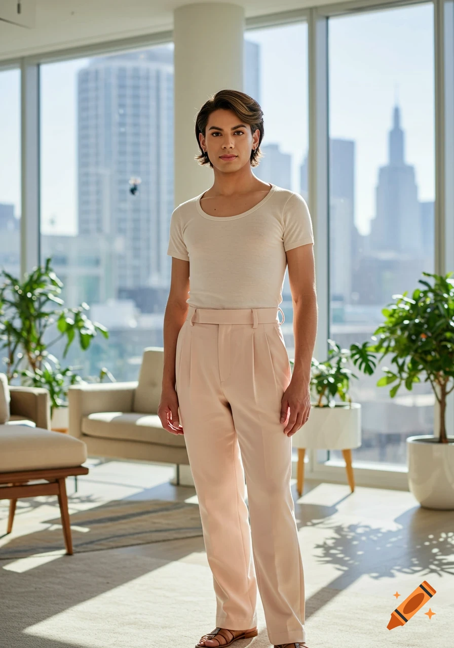 A person with short, dark hair wearing a light t-shirt and pink pleated trousers stands in a bright room with city buildings visible through large windows.