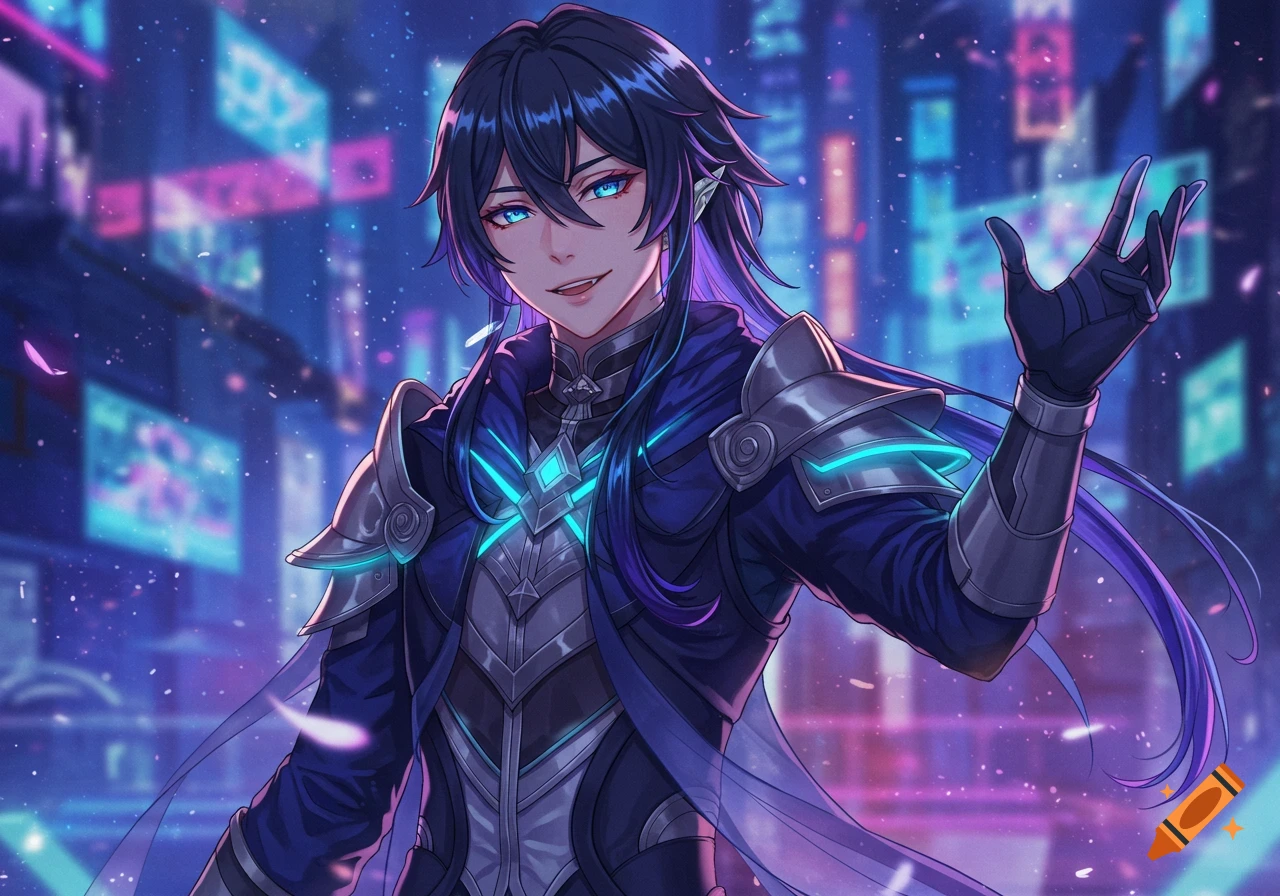 Anime-style man with dark hair, glowing blue eyes, and futuristic blue-accented armor smirks with a raised hand in a neon cyberpunk city.