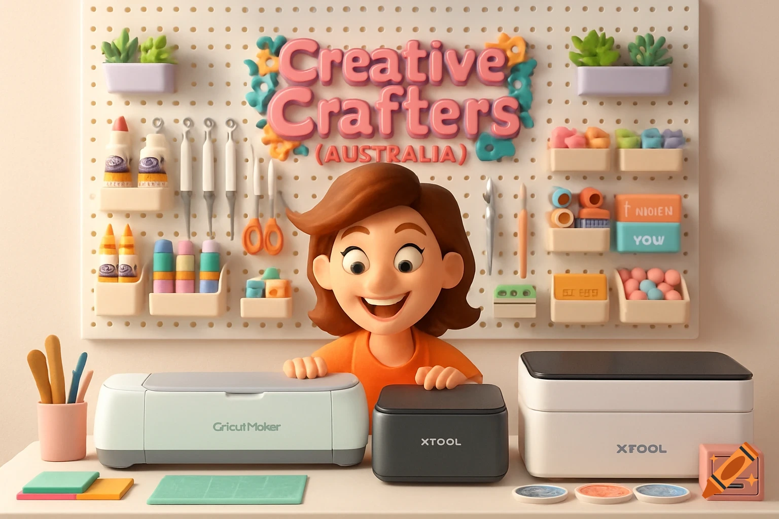 A smiling 3D cartoon crafter sits at a white table with a Cricut Maker and XTOOL machines, surrounded by organized craft supplies on a pegboard wall that reads "Creative Crafters (Australia)" in a whimsical font.