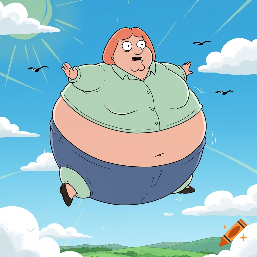 Cartoon Lois Griffin from Family Guy inflated like a balloon, floating in a blue sky above green hills, with clouds and birds.