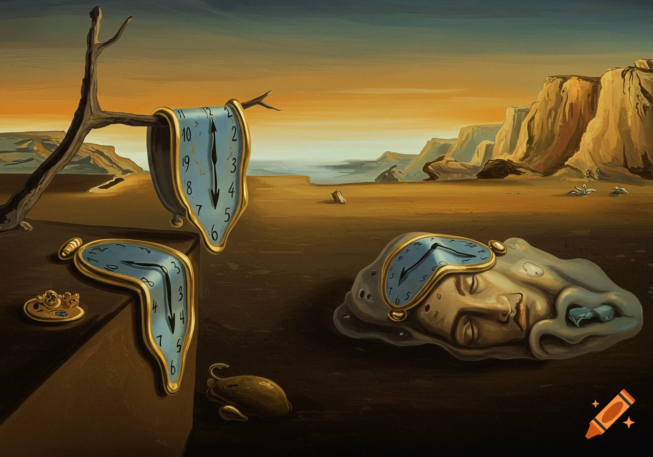 A surrealist painting of melting clocks in a desolate landscape with cliffs and a sleeping face, inspired by Salvador Dal\u00ed.