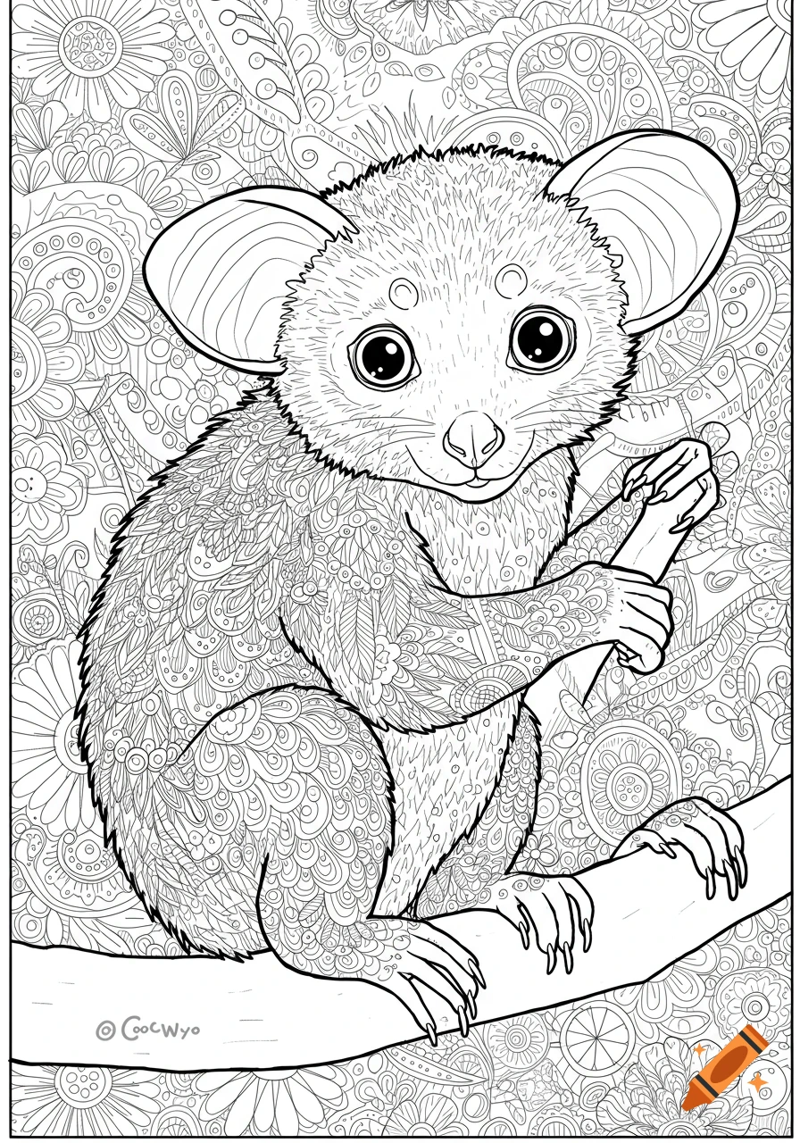 Black-and-white whimsical line art coloring page of an aye-aye with patterned details, sitting on a branch.