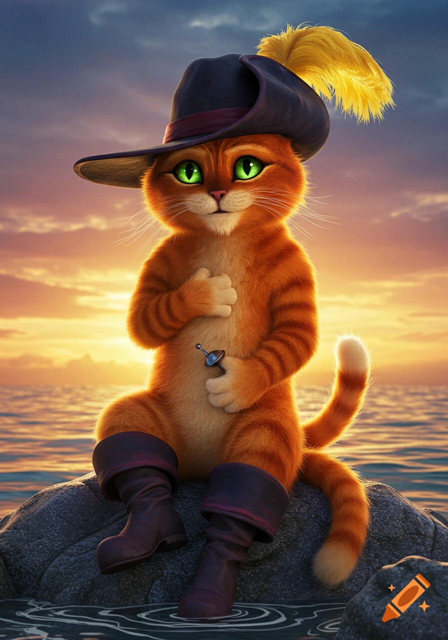 A stylized orange cat, resembling Puss in Boots, sits on a rock by the ocean at sunset, wearing a hat and boots, with a paw on its chest.