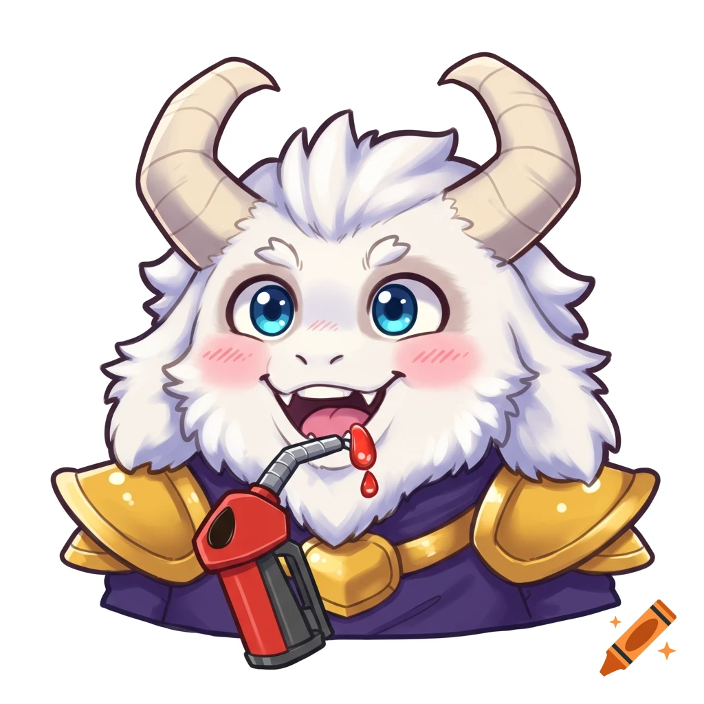 Chibi Asgore with a fuel nozzle in his mouth, dripping red liquid, in an emote style.