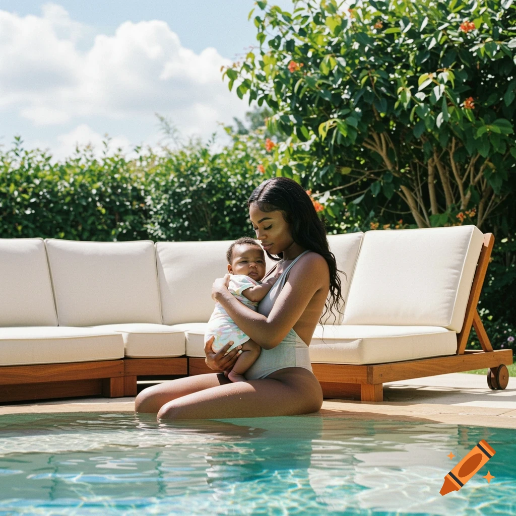 Photorealistic image of a woman in a swimsuit sitting in a pool, holding a baby, with outdoor furniture and greenery in the background.