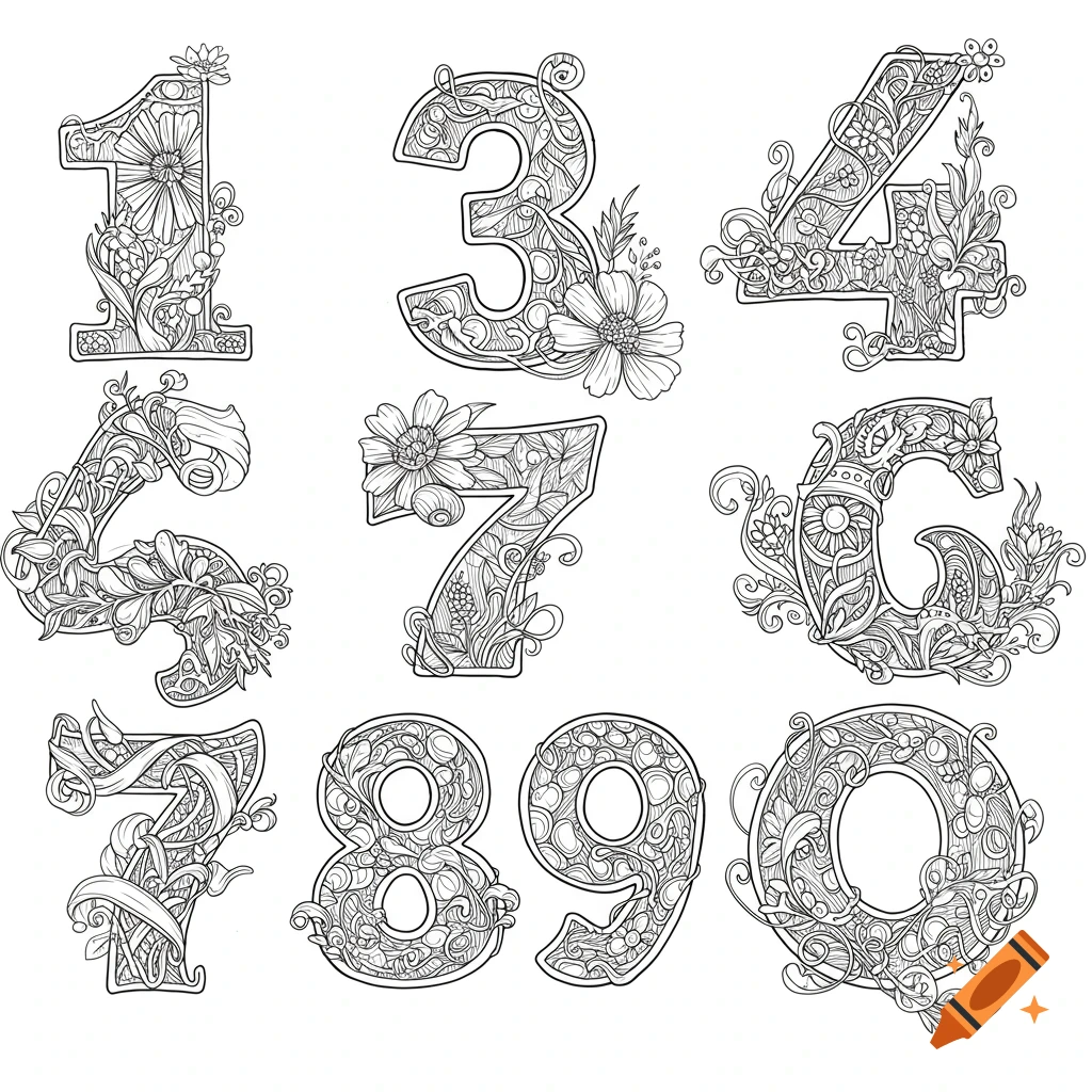 Black and white line art of numbers 1, 3, 4, 5, 6, 7, 8, 9, 0, each intricately decorated with floral and organic patterns, suitable for a coloring book.