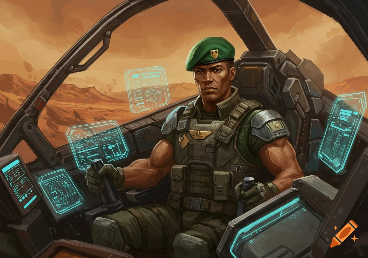 A male mechwarrior pilot in a green beret and military armor sits in a futuristic cockpit with glowing blue holographic displays, overlooking a desert landscape.