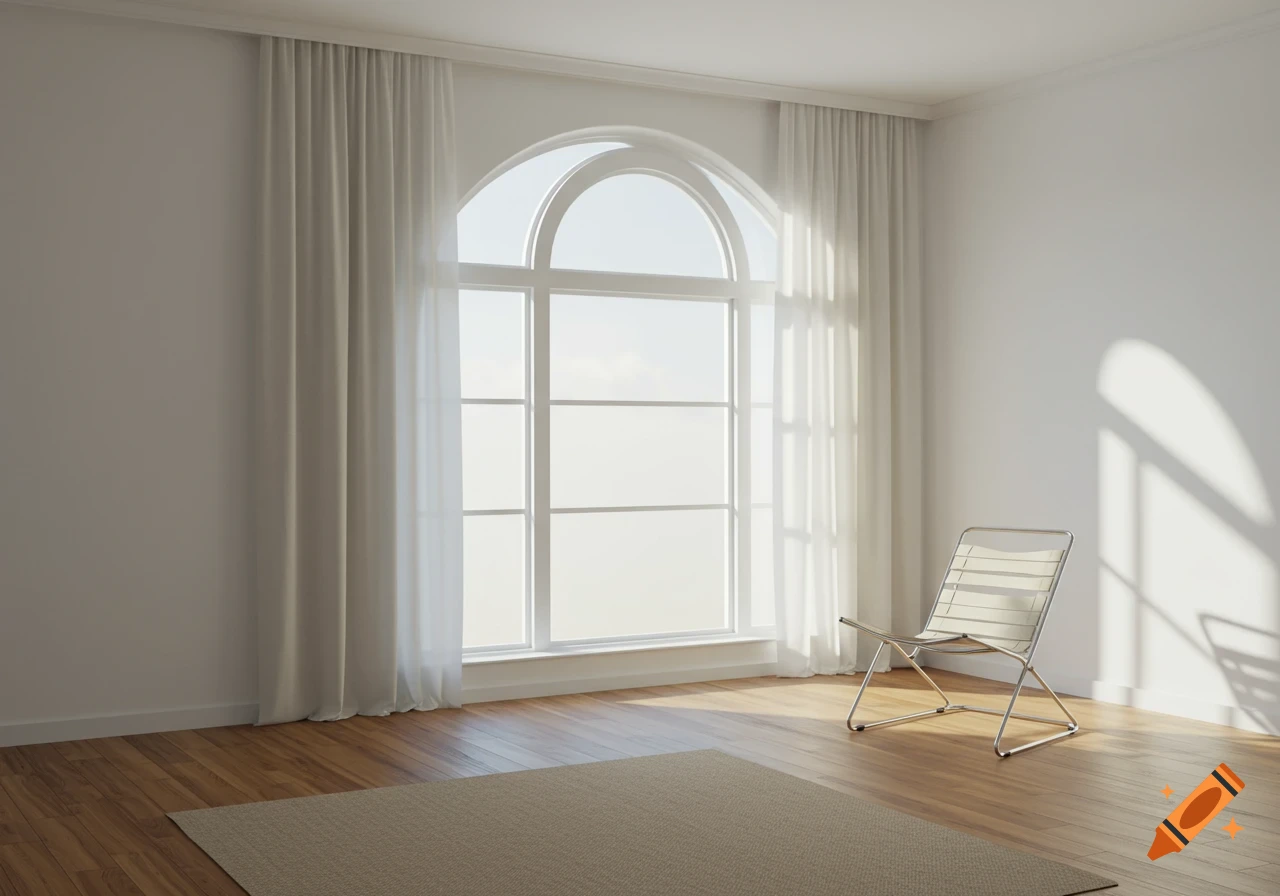 A sunlit minimalist room with a large arched window, white curtains, a modern chair, and a rug on a wooden floor.