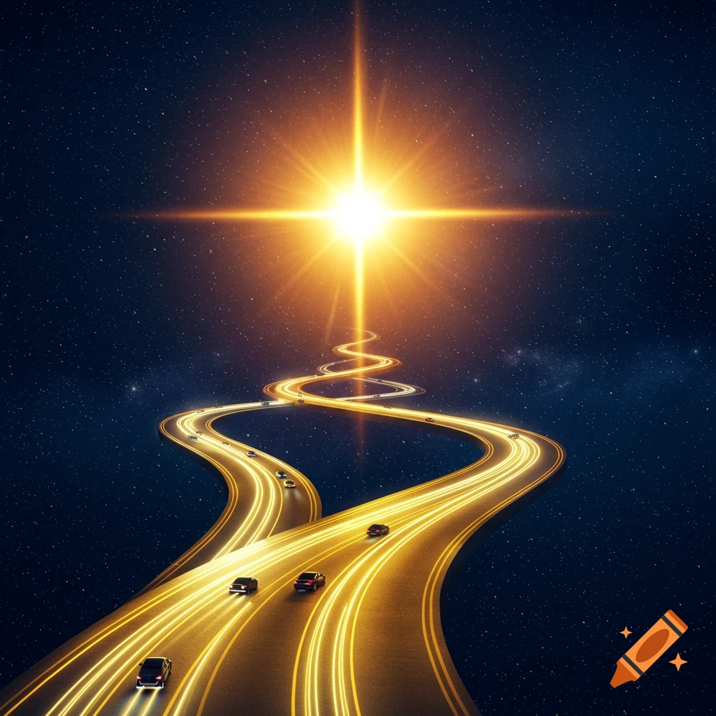 A bright star illuminates glowing, winding roads carrying cars through a star-filled cosmic background.