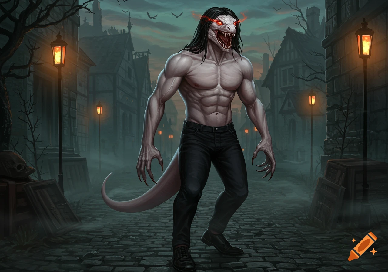 A muscular reptilian humanoid monster with glowing red eyes, sharp teeth, and claws, in a foggy old town at night.
