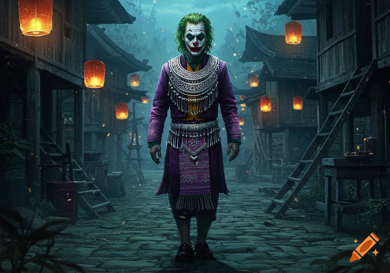 The Joker in elaborate purple Hmong-inspired attire stands in a dark, misty village lit by orange lanterns.