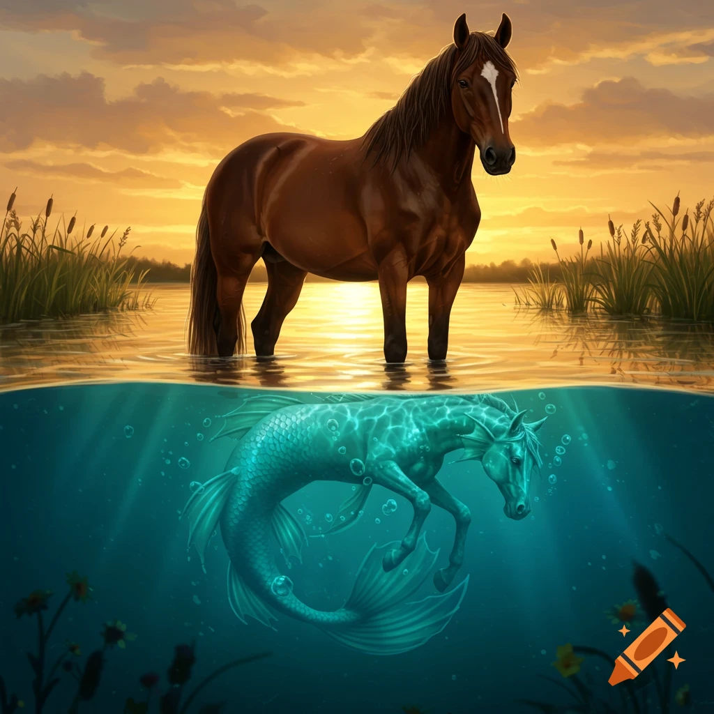 A brown horse standing in water at sunset, its lower body transforming into a teal merhorse tail underwater.
