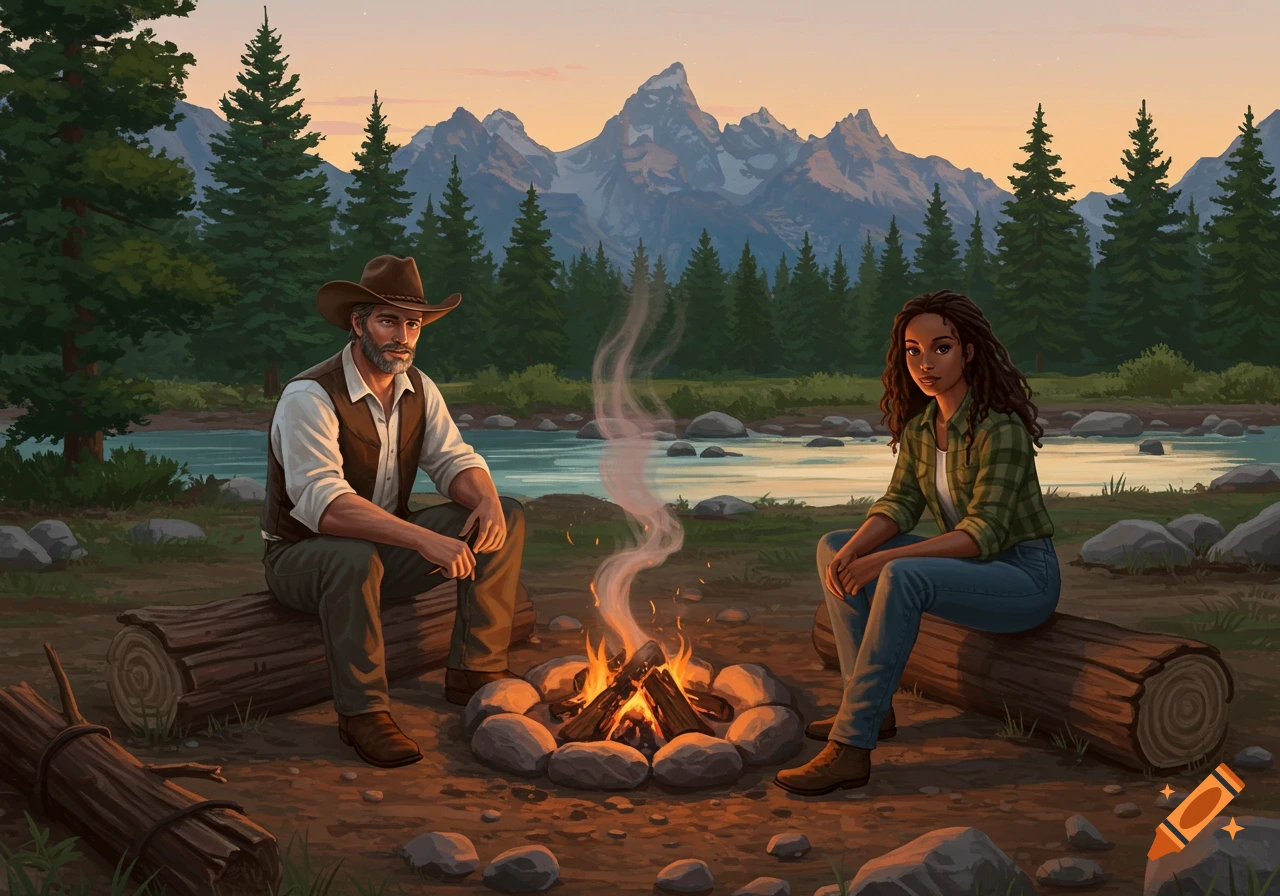 A man and woman sit by a campfire in a mountain landscape with a river at dusk, digital art style.