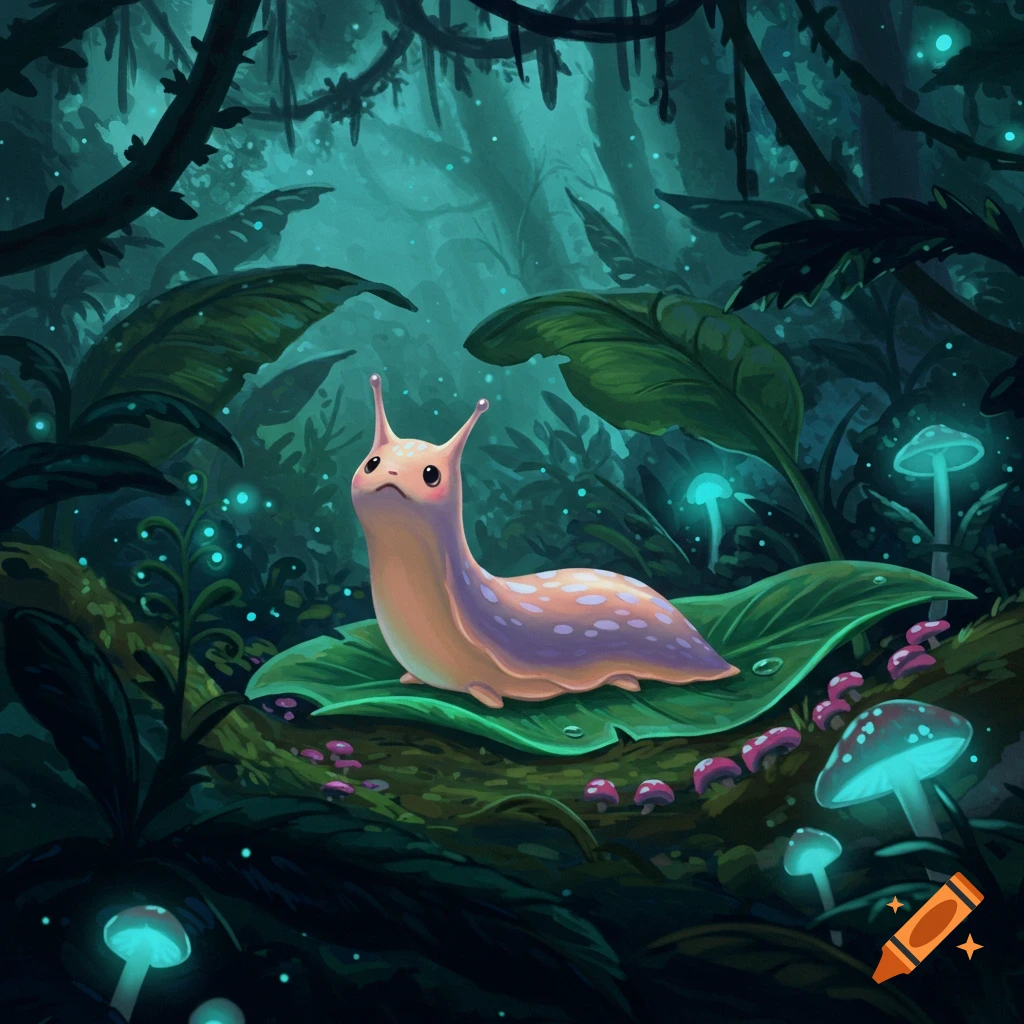 A cute slug-like creature with antennae sits on a leaf in a dark, glowing fantasy forest with bioluminescent mushrooms, digital art.