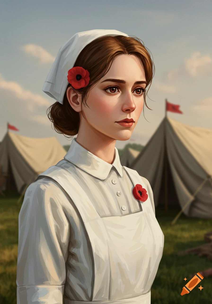 A woman in a WWI Red Cross nurse uniform with a poppy behind her ear, looking serious, with tents in the background.