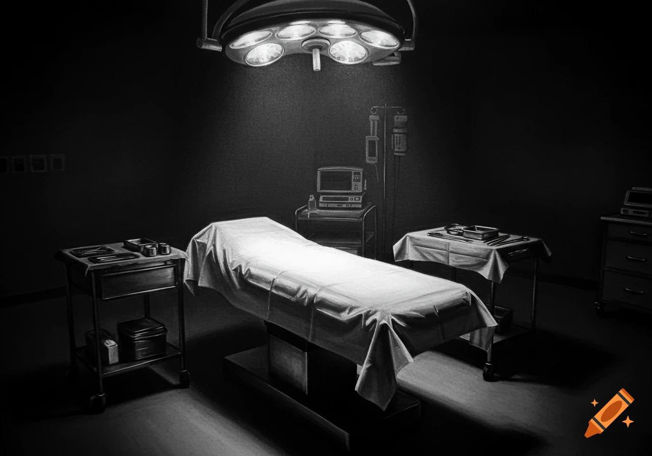 A monochrome charcoal drawing of an empty operating room with a surgical light illuminating the table and medical instruments.