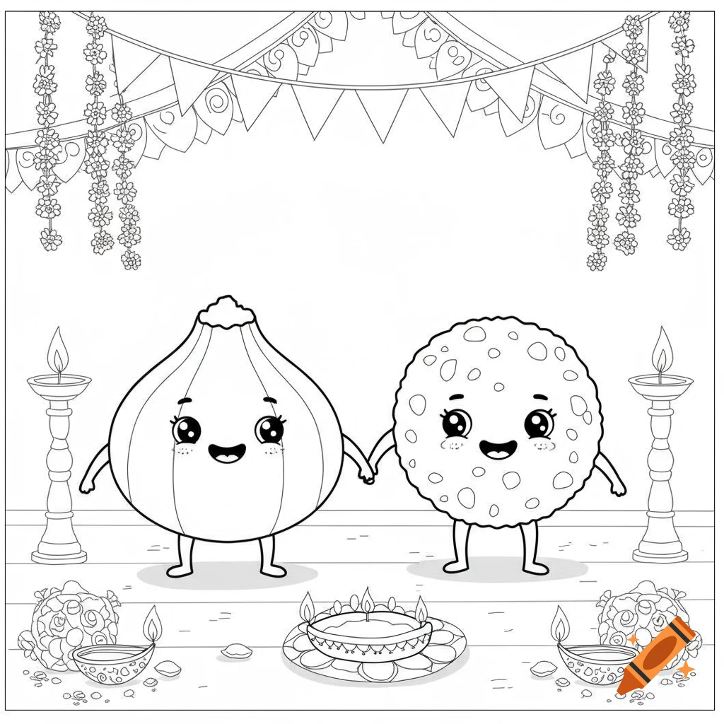 Cute coloring page of modak and laddu sweets holding hands for Ganesh Chaturthi, with festive lamps and garlands.