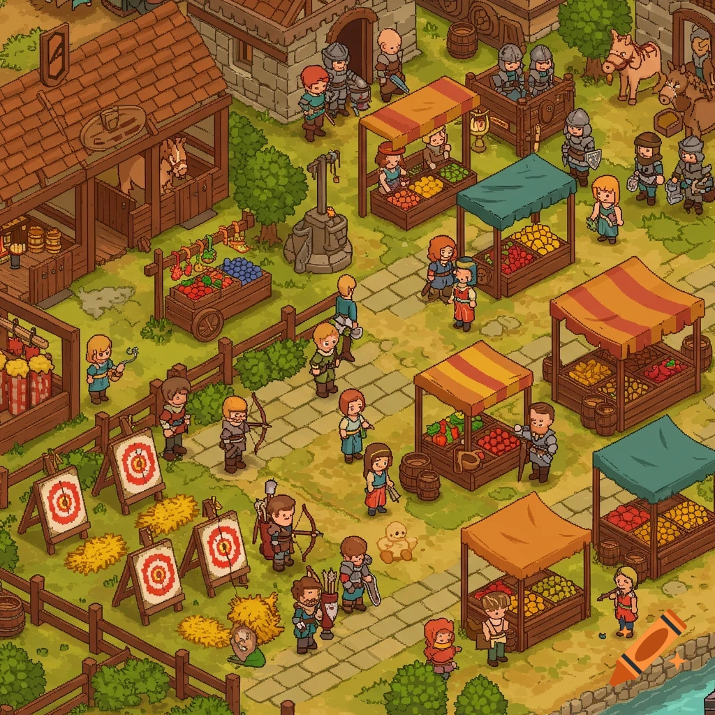 A vibrant isometric pixel art medieval village scene with a bustling market, archery range, stables, and armored guards.