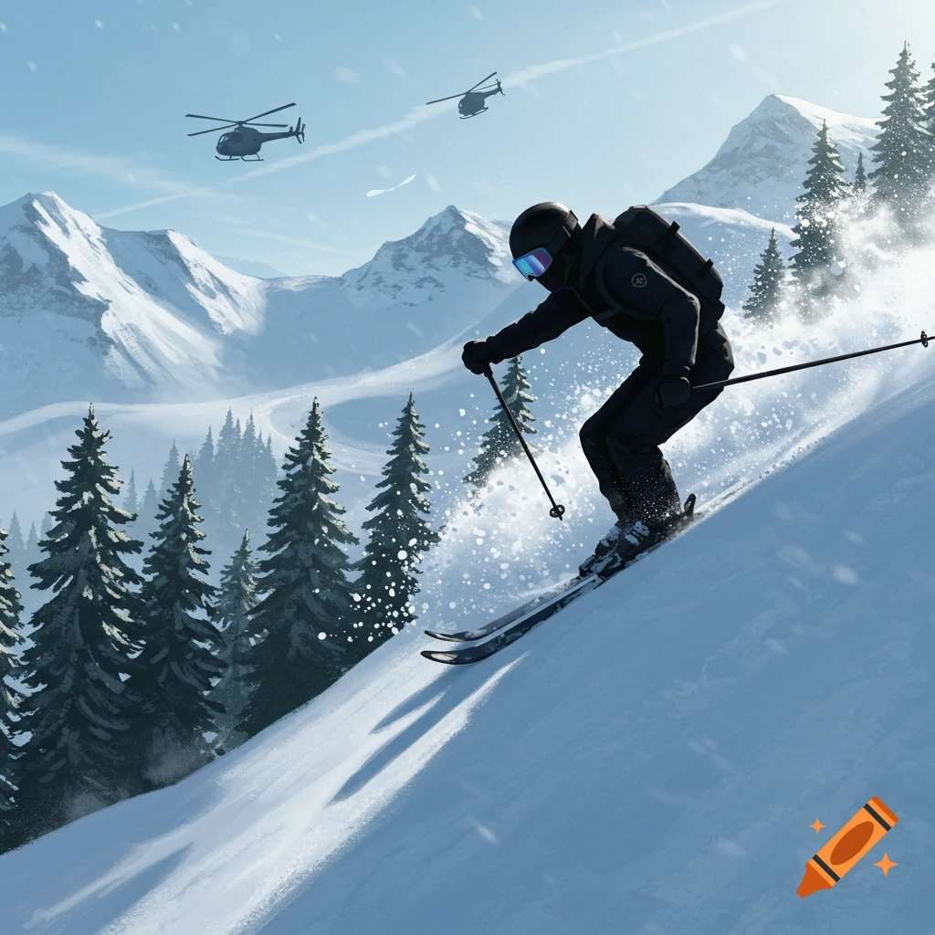 A person in black ski gear skis down a snowy mountain with pine trees, distant peaks, and two helicopters in a blue sky.