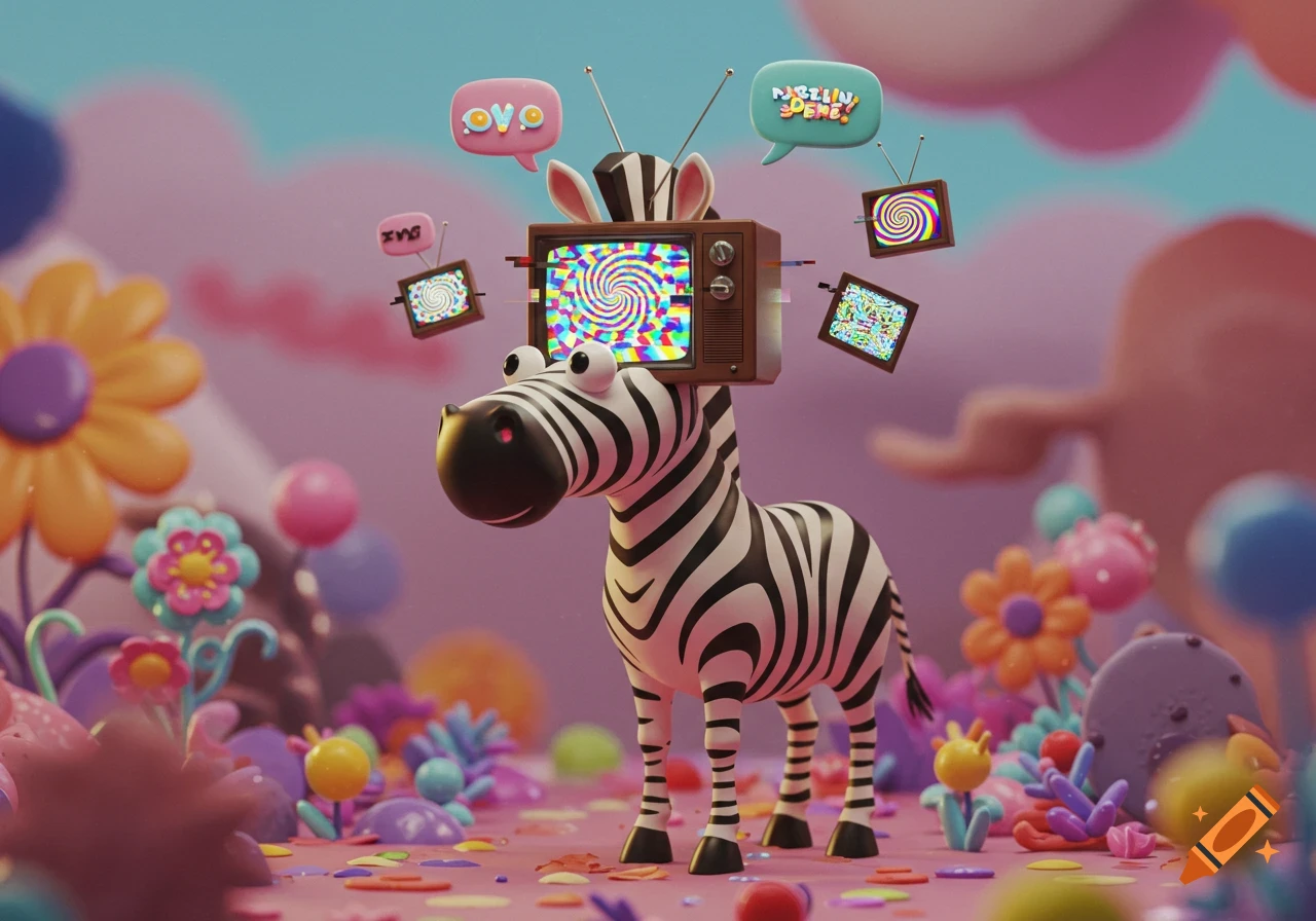 A 3D cartoon zebra with a TV on its head displays swirling psychedelic patterns in a colorful, whimsical landscape.