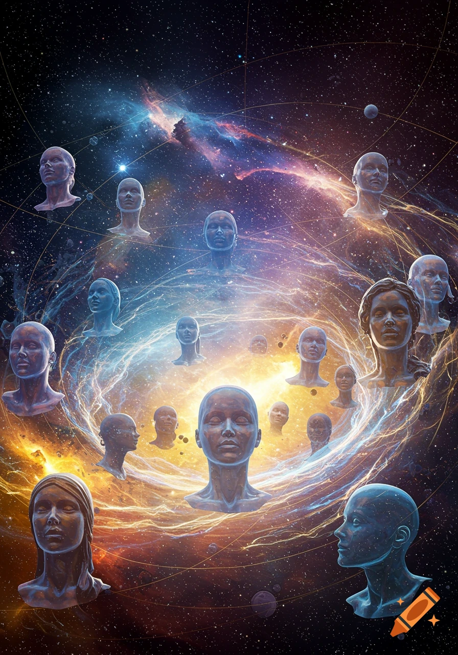 Multiple ethereal human busts float within a glowing, colorful cosmic nebula filled with stars.