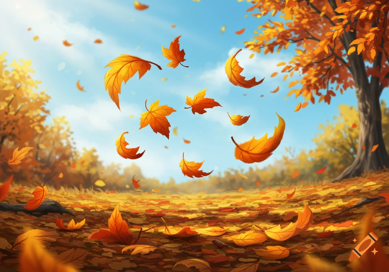 Vibrant autumn landscape with orange and yellow leaves falling from trees onto a leaf-covered ground under a bright blue sky.