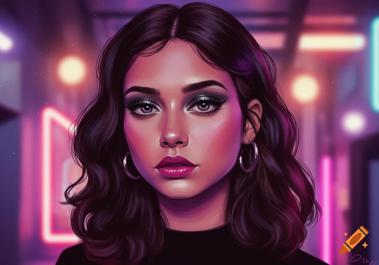 Digital art portrait of a woman with dark wavy hair, smoky eyes, and dark pink lips, against a neon-lit background.