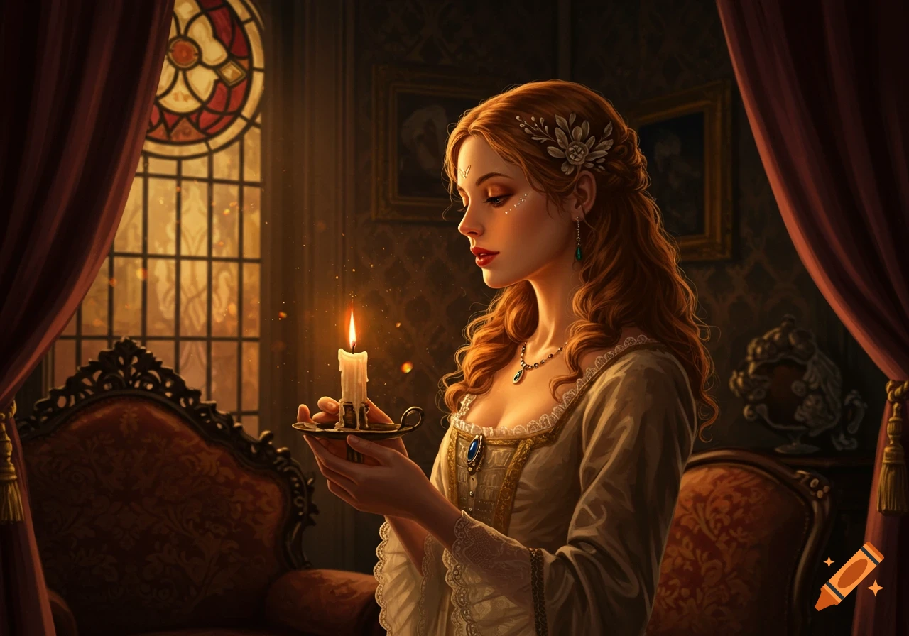 A woman with long red hair in an ornate dress holds a lit candle in a dimly lit, richly decorated room with a stained glass window.