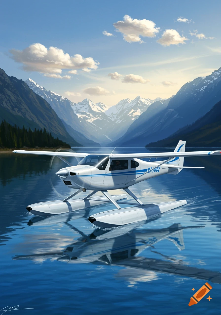 A white seaplane rests on a calm blue lake, surrounded by majestic snow-capped mountains under a clear sky. Digital art.