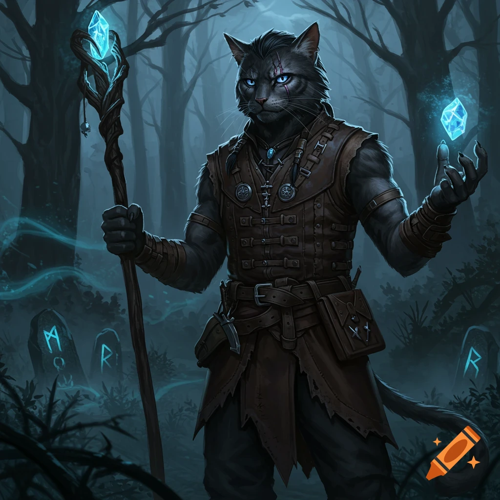 A black cat-person, with blue glowing eyes and scars, wearing leather armor, holds a staff and a glowing blue crystal in a dark fantasy forest with rune-carved stones.
