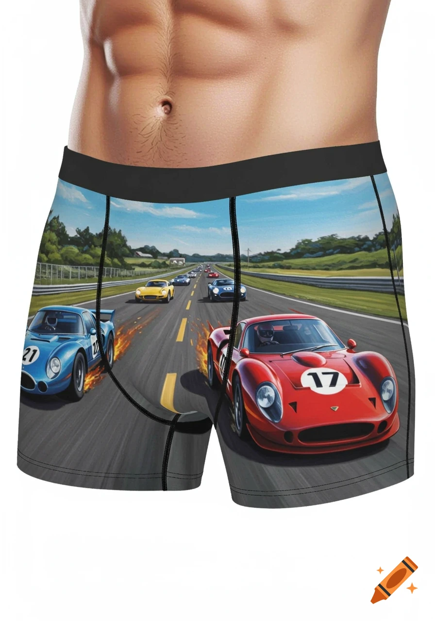 A man's torso wearing boxer briefs with a racing car design, showing red and blue cars speeding on a track, under a blue sky.