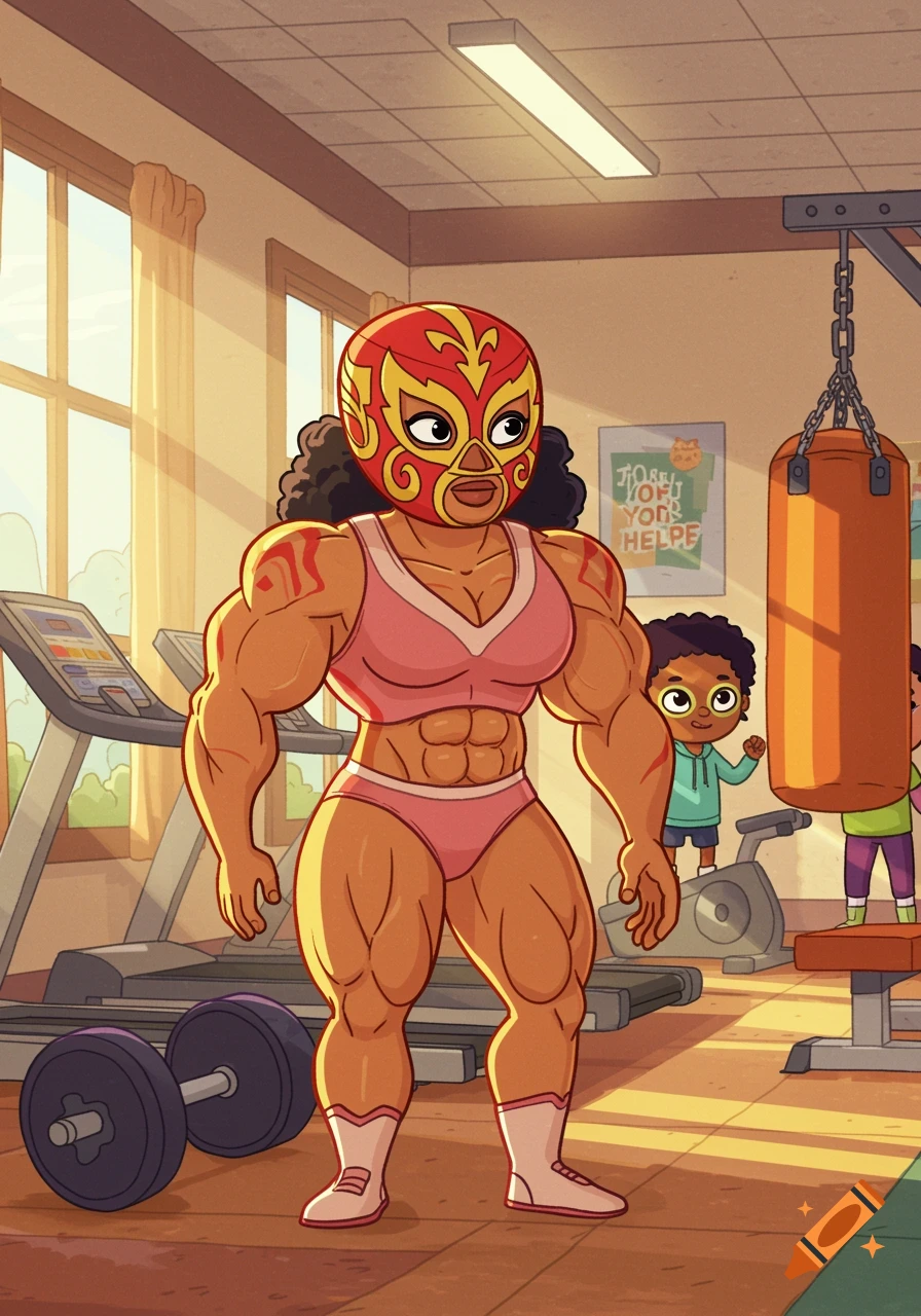 A muscular female luchador in a pink sports bra and shorts stands in a cartoon gym, with children and exercise equipment in the background.