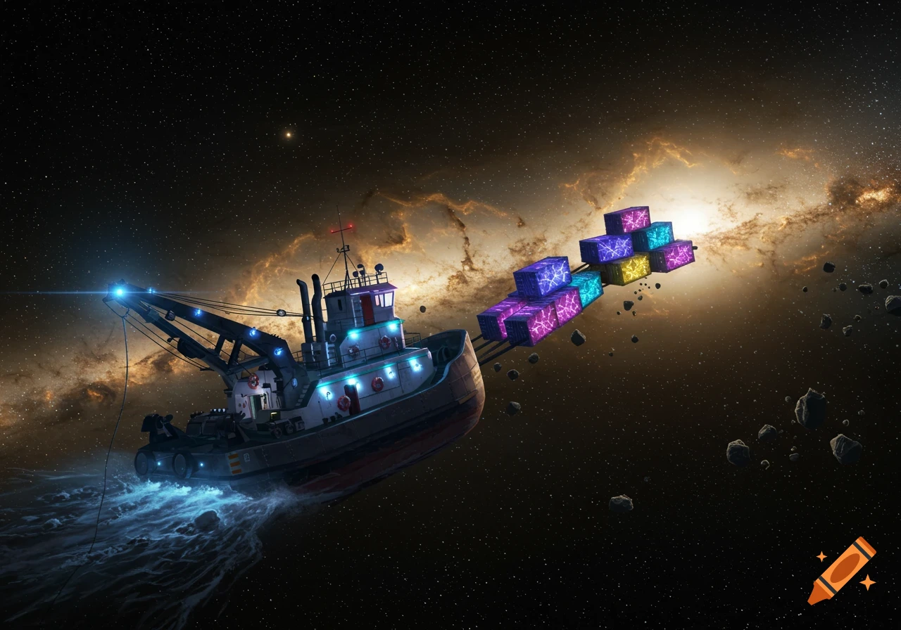 A space towboat pulls a chain of glowing, colorful cargo containers through a starry galaxy, with asteroids floating nearby.