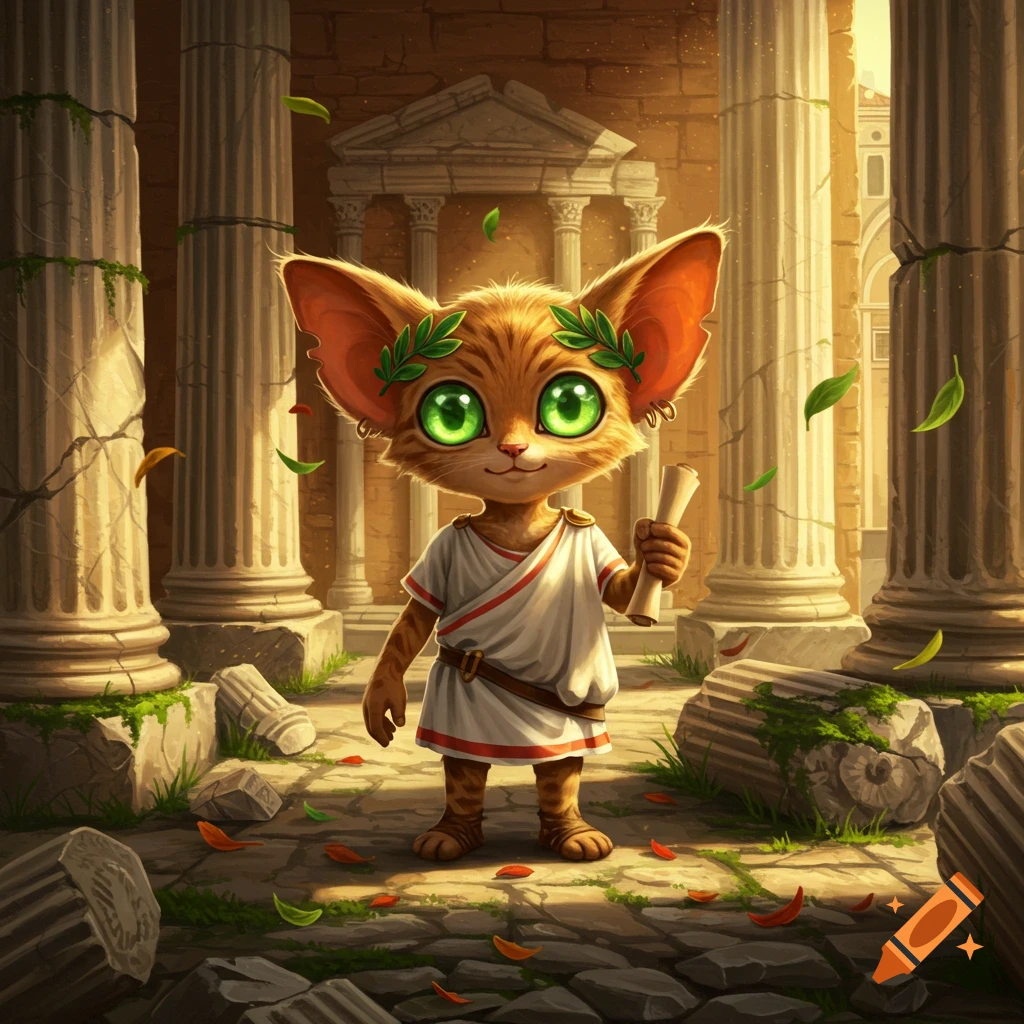 A cute, stylized cartoon cat wearing a Roman toga and laurel wreath, holding a scroll amidst ancient ruins.