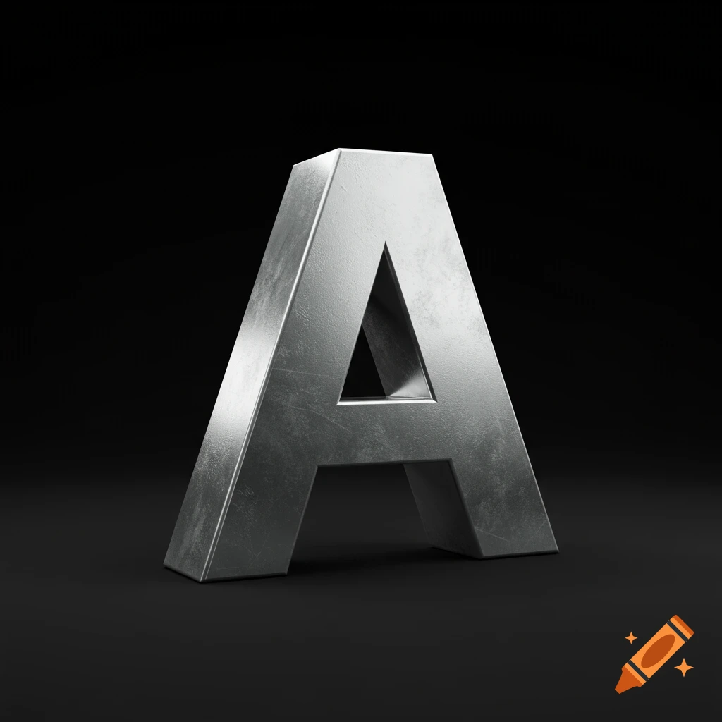 A 3D rendered silver metallic letter A on a black background, viewed from a slight angle.