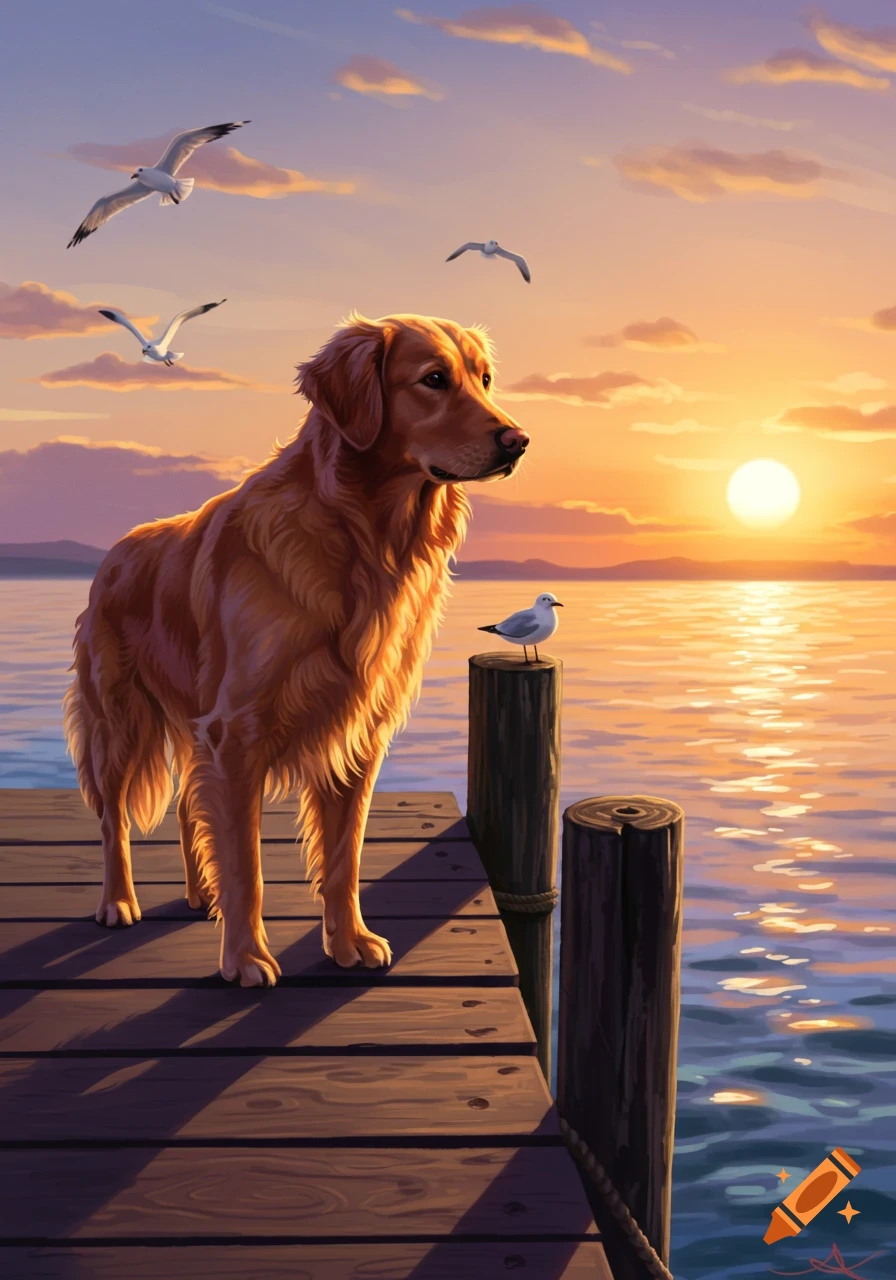 A golden retriever stands on a wooden pier at sunset, looking over a calm body of water with seagulls flying and sitting.