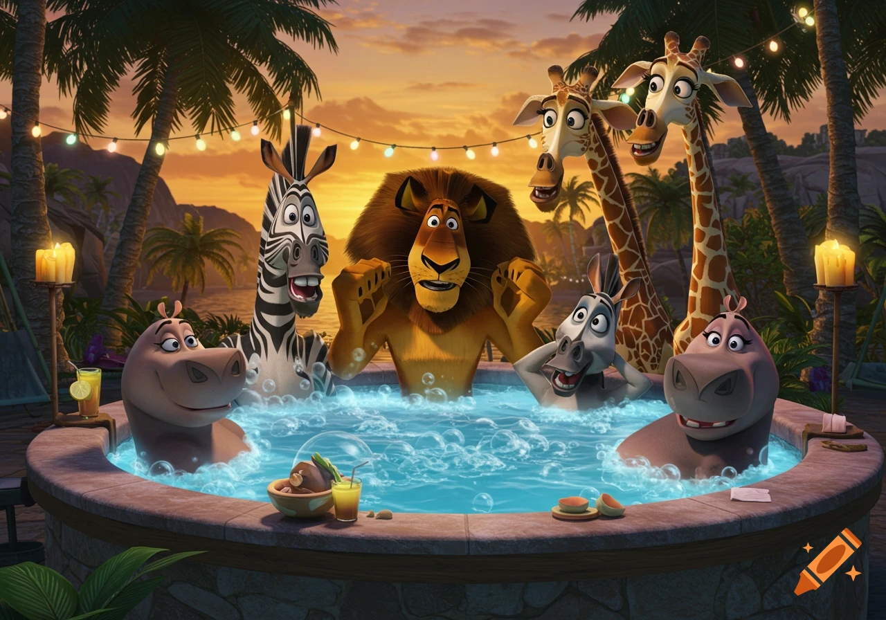 Alex the lion, Marty the zebra, Gloria the hippo, and other cartoon animals relaxing in a hot tub at sunset.