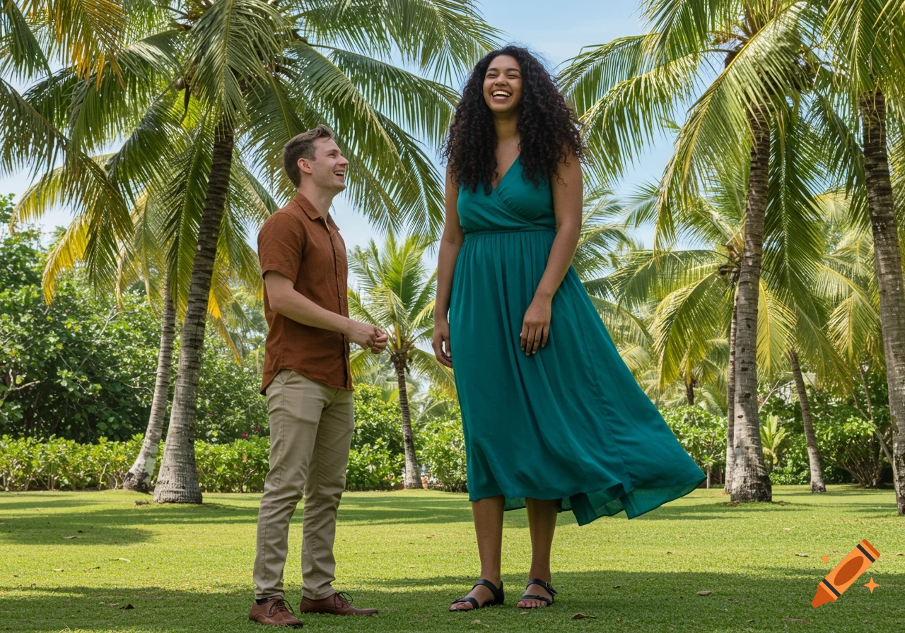 A very tall woman in a teal dress and a shorter man in a brown shirt smile in a tropical park with palm trees.