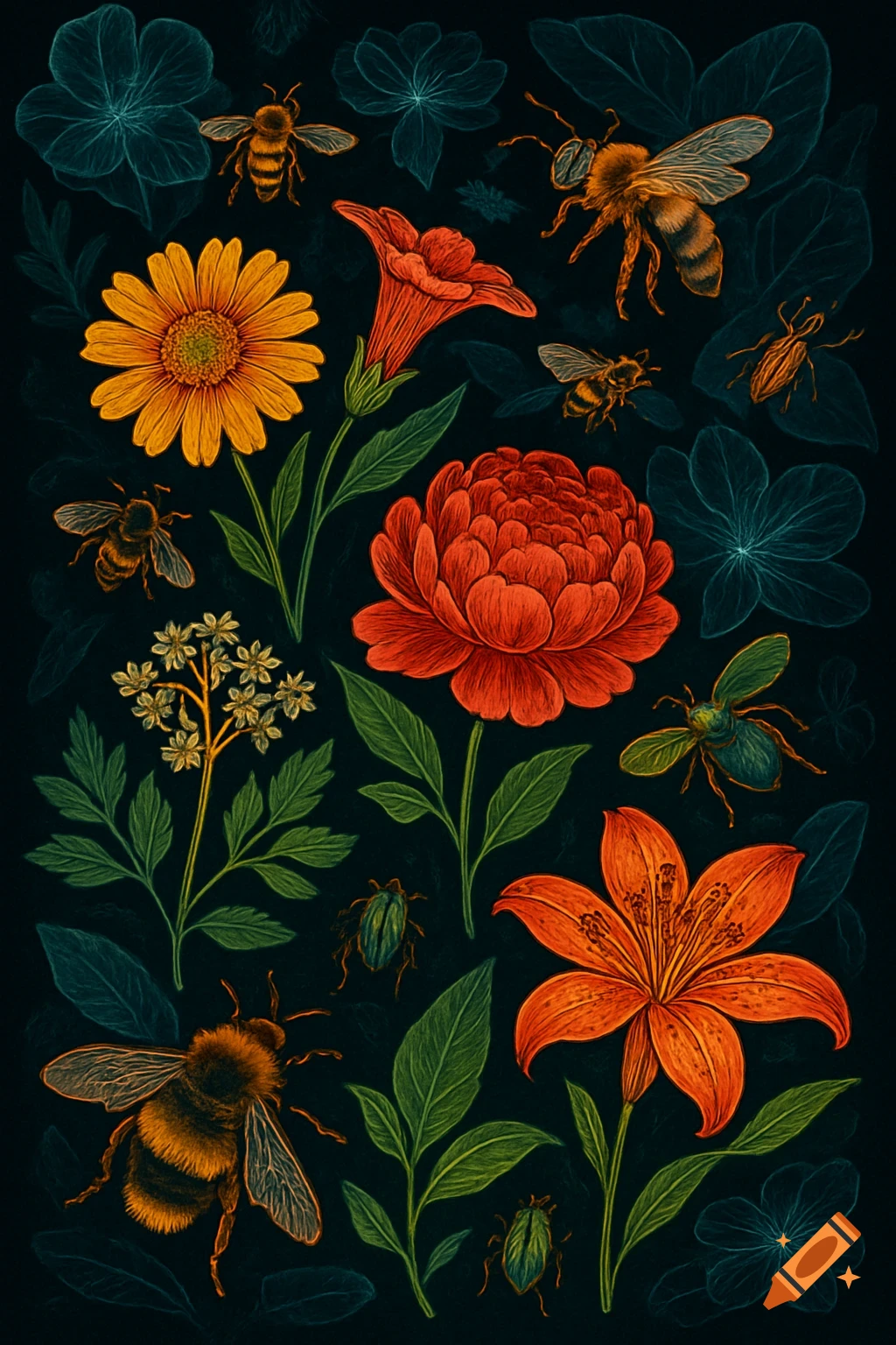 A detailed botanical illustration featuring brightly colored flowers, leaves, bees, and beetles against a dark background.