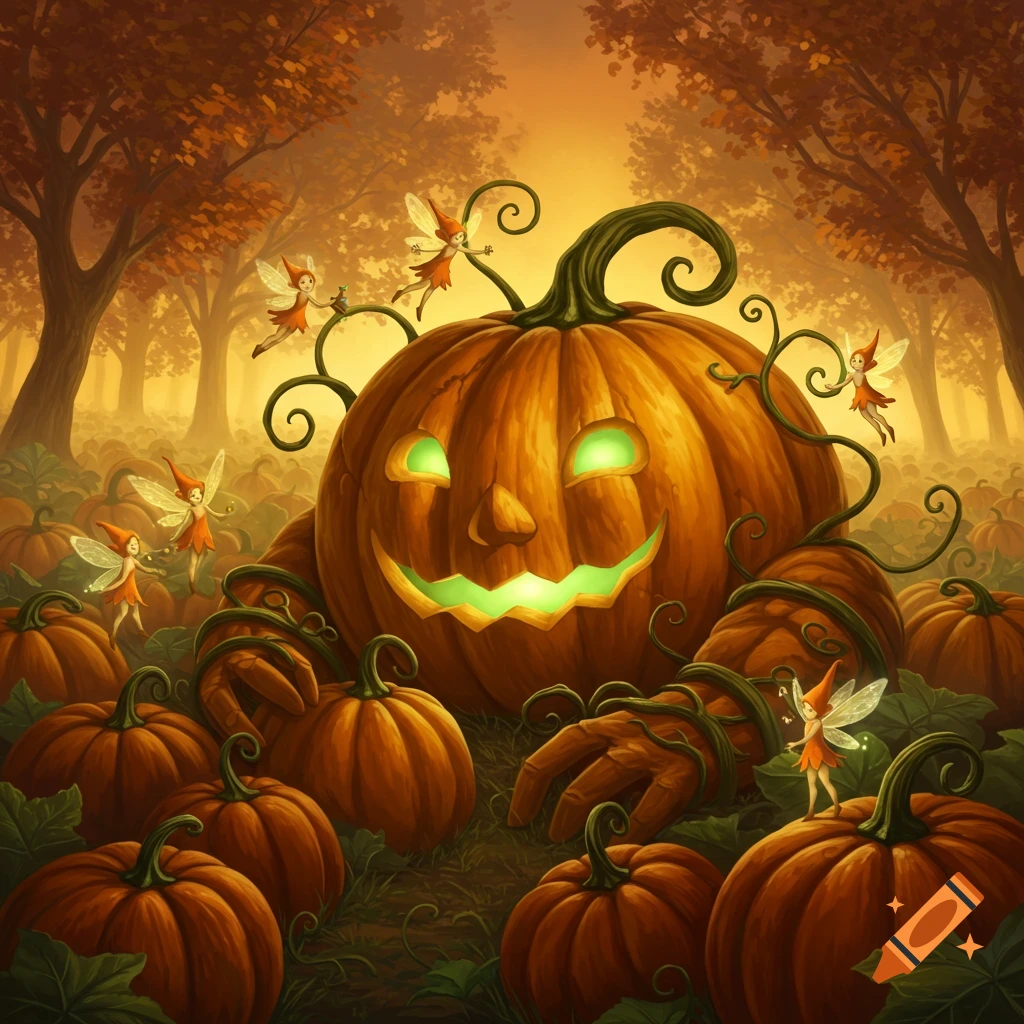 A giant glowing jack-o'-lantern pumpkin with vines and small pumpkin pixies in an autumn forest pumpkin patch.