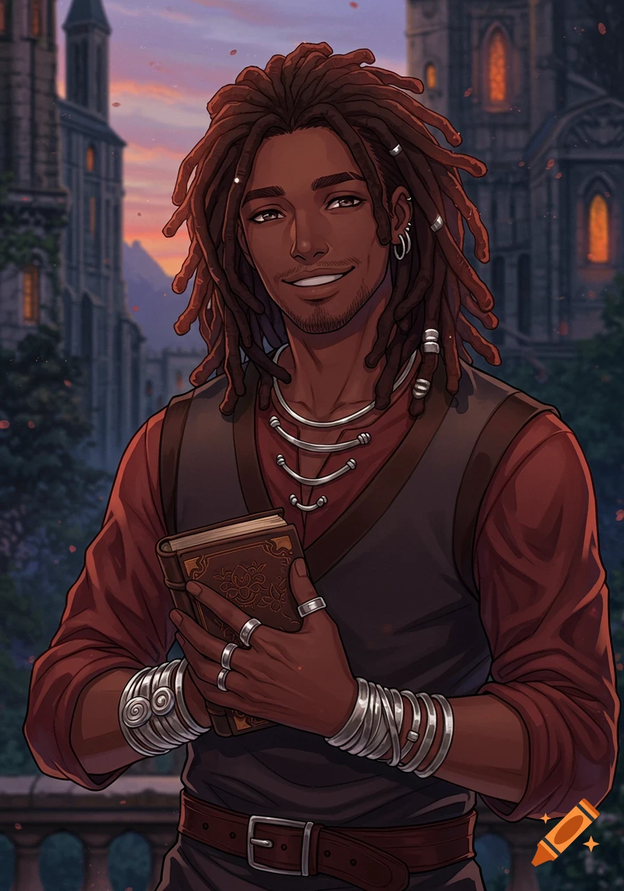 Smiling anime illustration of a dark-skinned man with locs holding a book, with a fantasy castle background at sunset.
