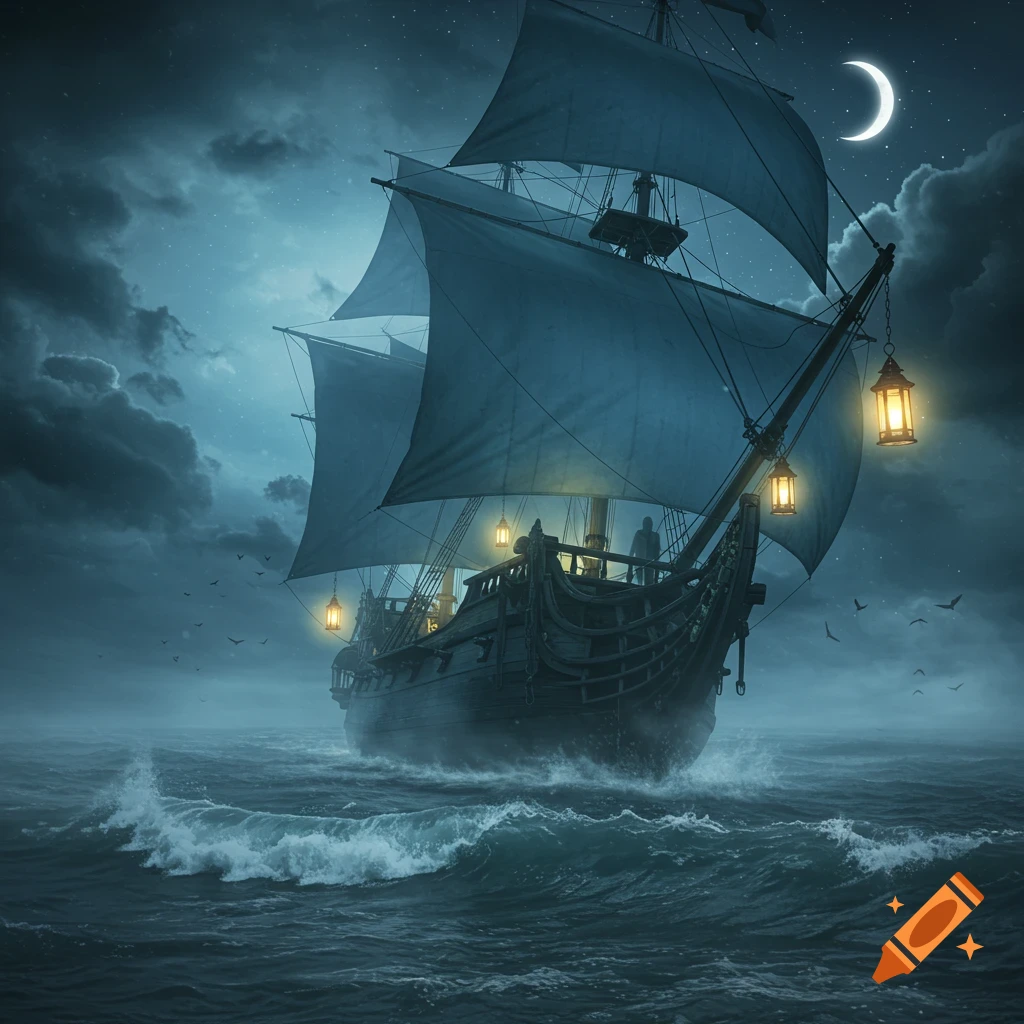 A large, dark sailing ship with glowing lanterns and dark sails navigates a rough, misty sea under a crescent moon and stormy night sky.