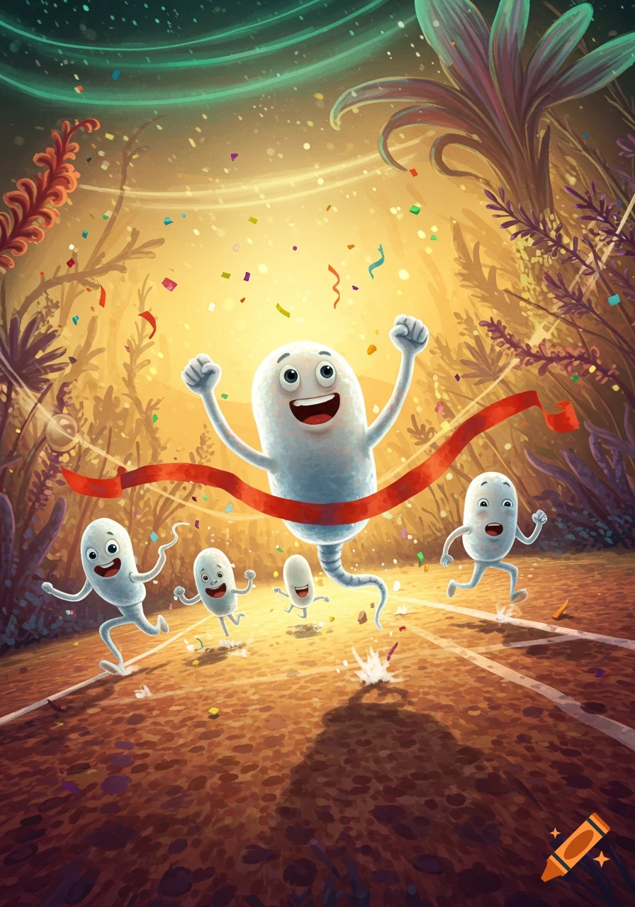 A victorious cartoon sperm crosses a finish line, celebrating with confetti, ahead of other sperm in a vibrant race.