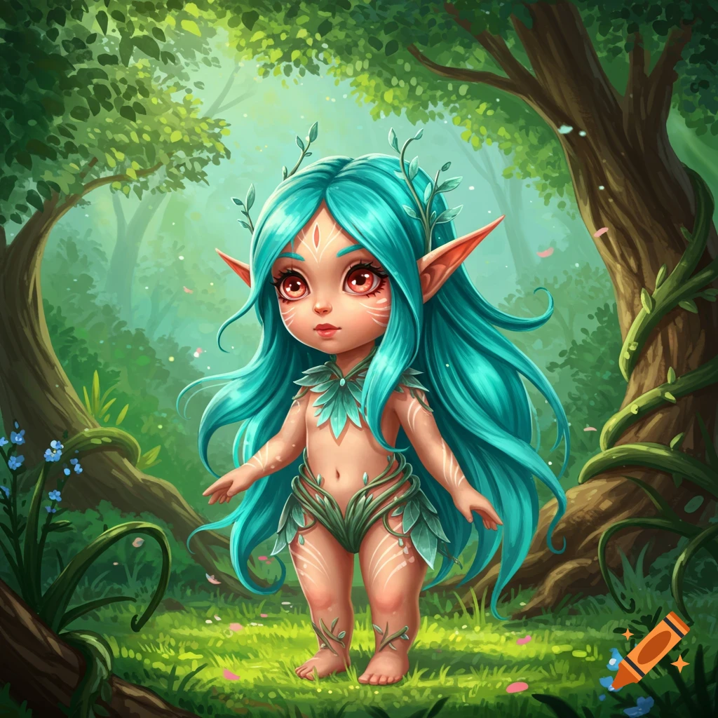 A whimsical cartoon elf with long turquoise hair, big coral eyes, and a leafy outfit stands in a lush forest.