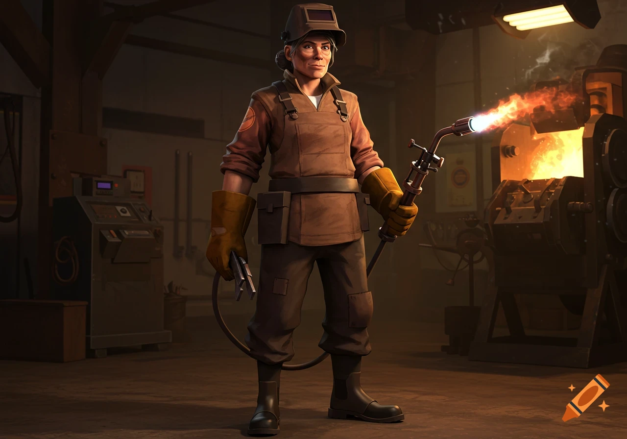 A female mechanic in a welding mask and overalls stands in a workshop, holding a blowtorch, in the Team Fortress 2 art style.