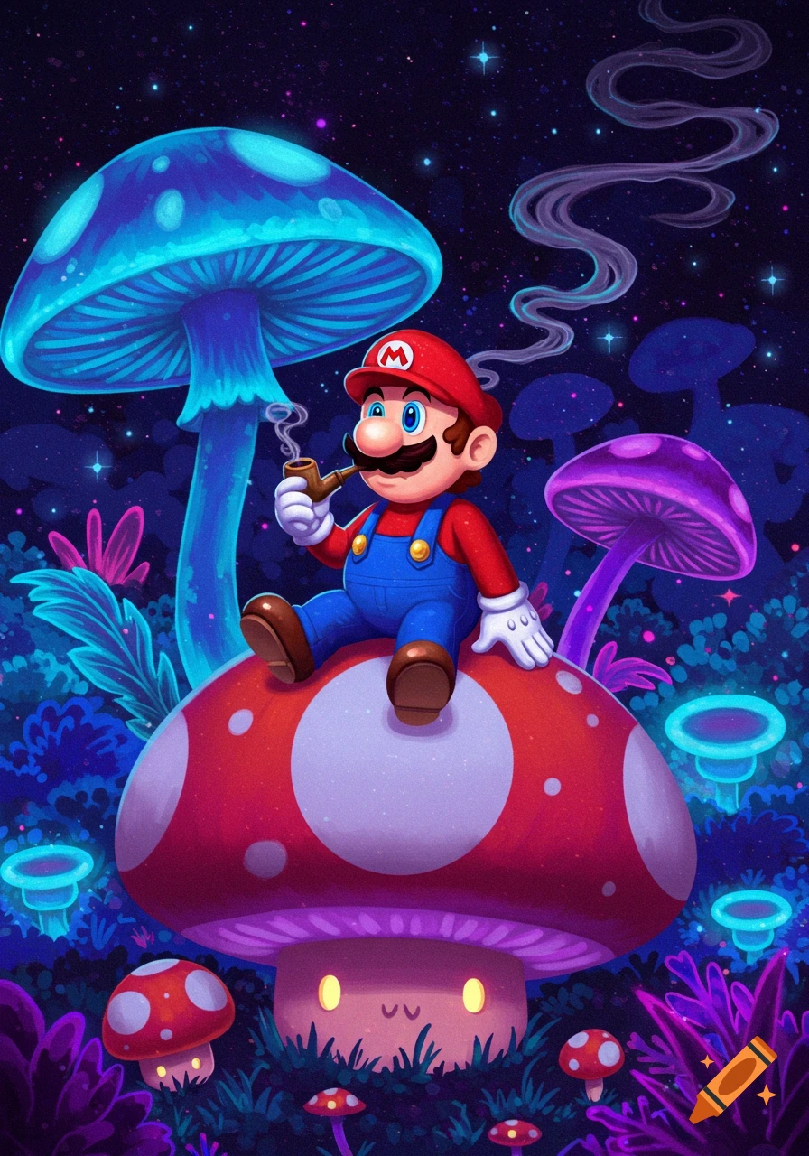 Cartoon Mario sits on a large red mushroom, smoking a pipe, surrounded by glowing blue and purple fantasy mushrooms under a starry night sky.