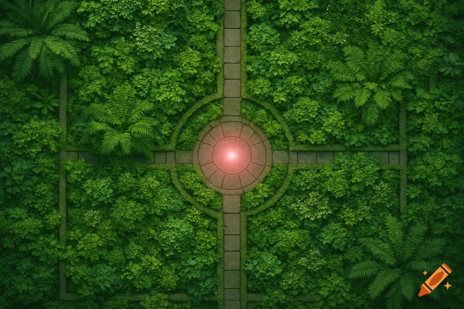 Aerial view of a symmetrical green garden with lush vegetation, stone paths, and a glowing pink orb in the center.