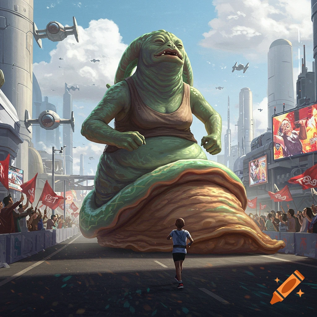 A giant green alien slug-like creature in a tank top runs a marathon through a futuristic city, with a small child running in front of it and crowds cheering.