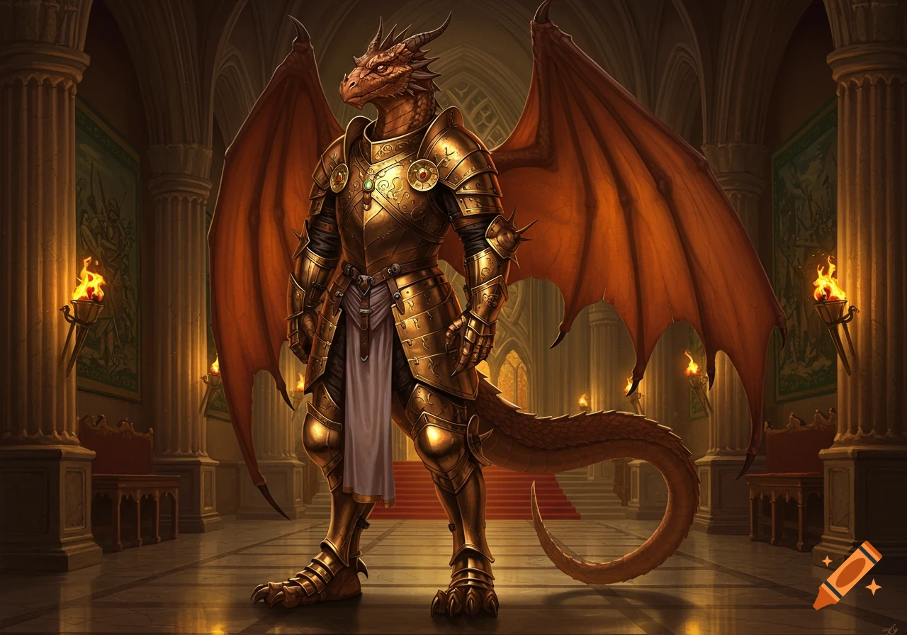 A full-body fantasy illustration of a dragon-like creature in ornate golden armor and orange wings, standing in a torch-lit grand hall.